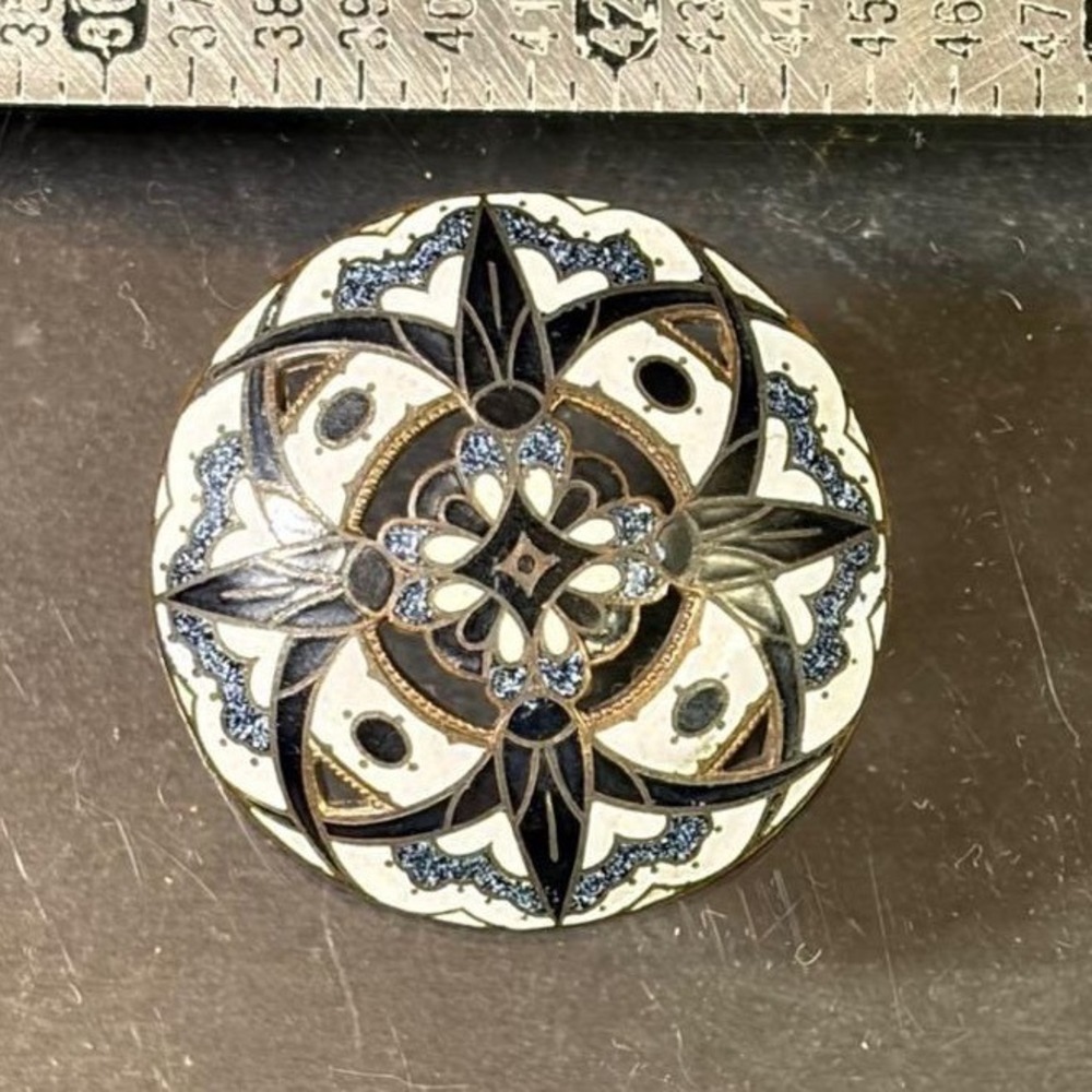Antique Brass Champleve Enamel Button Cream Black Blue Geometric Floral 1.25in